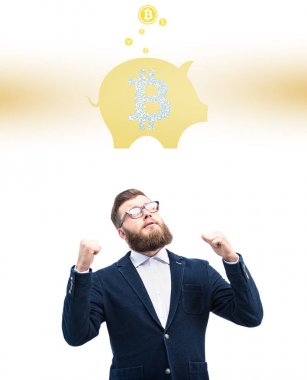 bitcoin simgesi olan işadamı
