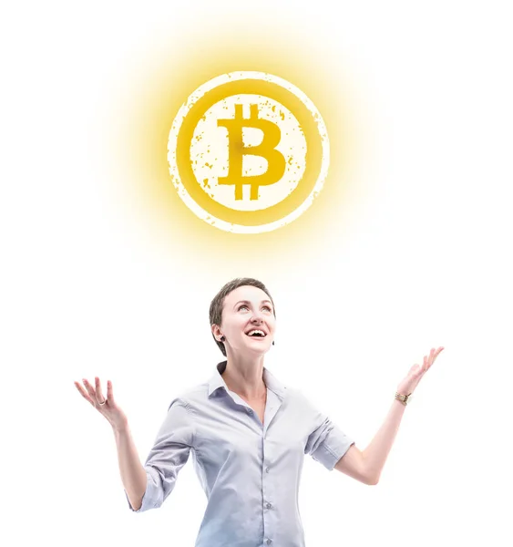 Donna d'affari con simbolo bitcoin — Foto Stock