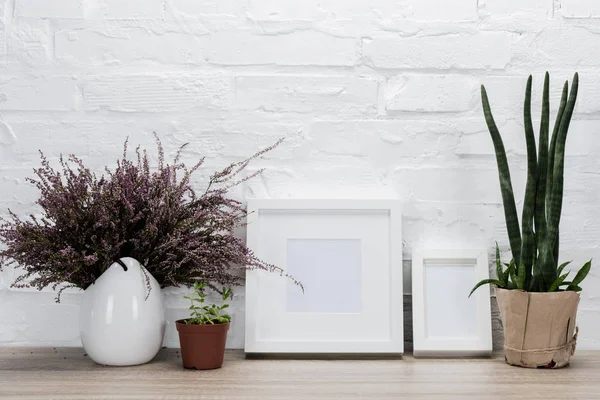 Empty photo frames and flowers on tabletop — Stock Photo, Image