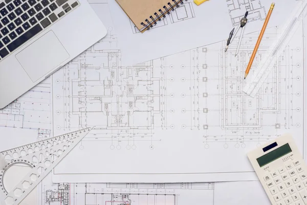 Blueprints and architecture equipment — Stock Photo, Image