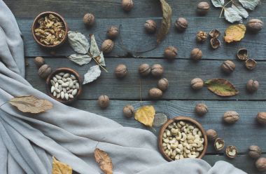 assorted nuts and autumn leaves clipart