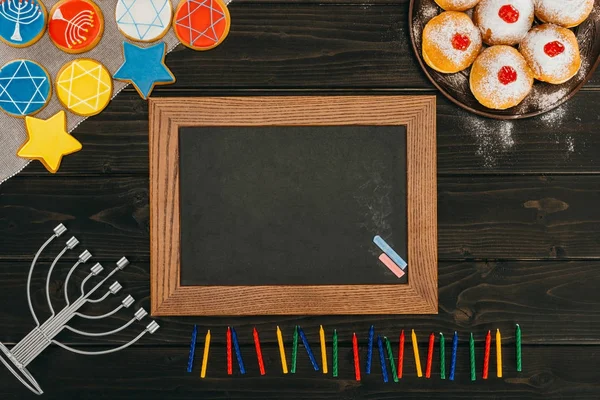 Frame, donuts and cookies for hanukkah — Stock Photo, Image