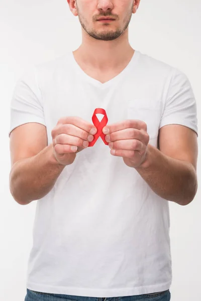 Férfi piros aids-szalag — Stock Fotó