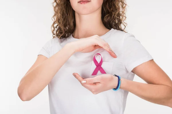 Woman with pink breast cancer ribbon — Stock Photo, Image