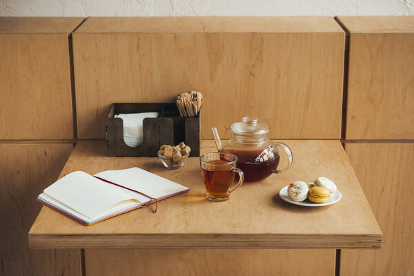 Tea set and macarons Stock Photo