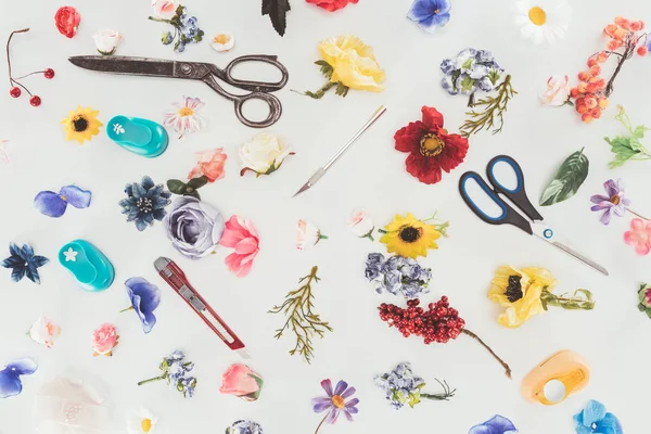Ovanifrån Färgade Blommor Med Sax Och Brevpapper Kniv Isolerad Vit — Stockfoto