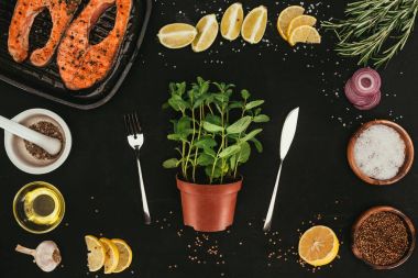 siyah üzerine nane çatal ve bıçak, somon biftek ve baharatlar ile tencerede Üstten Görünüm