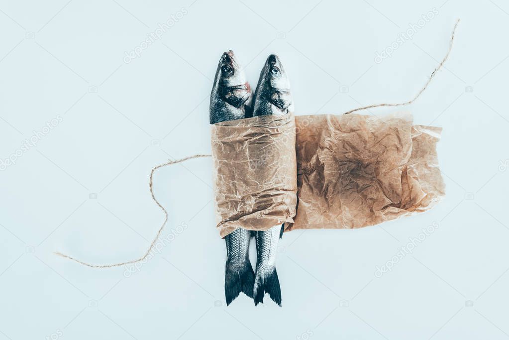 close-up view of delicious healthy fish in paper with rope isolated on grey