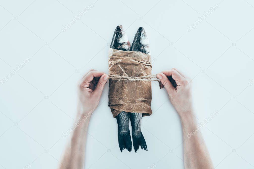 partial view of hands wrapping sea fish in paper and tying with rope on grey