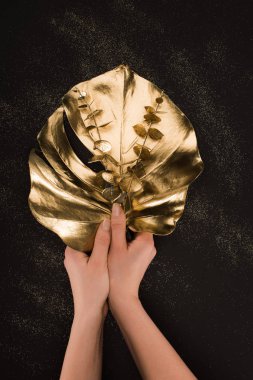 partial view of female hands holding different golden plants clipart