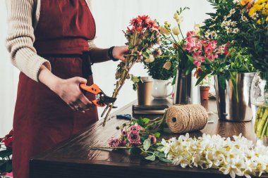cropped image of female florist cutting stalks with pruner clipart