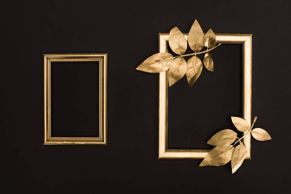 top view of golden photo frames and leaves isolated on black