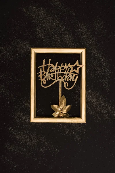 Top View Golden Happy Birthday Sign Plant Photo Frame Black — Stock Photo, Image