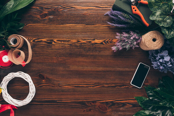 top view of smartphone on florist working table