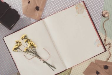 çiçek ve kopya alanı ile açılan kitap Üstten Görünüm