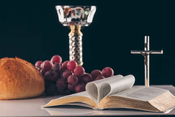 Open Holy Bible Christian Cross Chalice Table Holy Communion — Stock Photo, Image