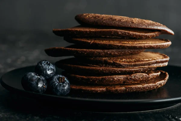 Close Shot Stack Chocolate Pancakes Blueberries — Stock Photo, Image