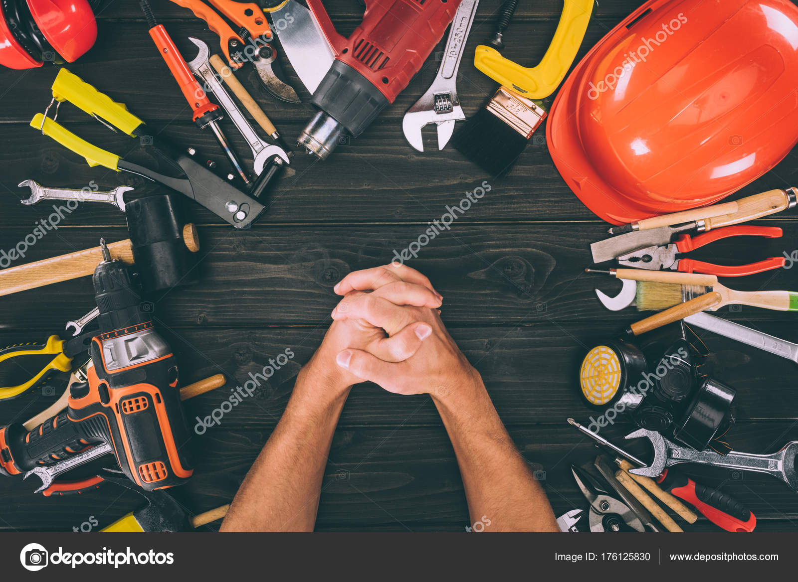 Partial View Hands Lock Carpentry Equipment Wooden Surface — Stock