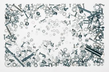 top view of arranged various metal engineering details isolated on white clipart