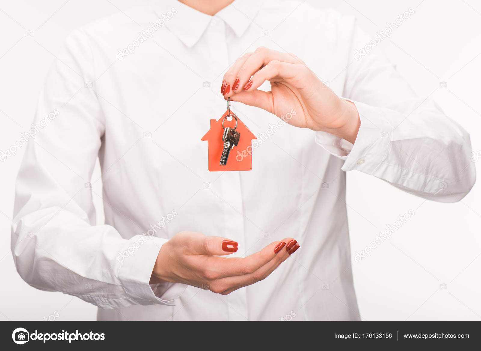 Cropped Image Female Holding Key House Isolated White — Stock Photo