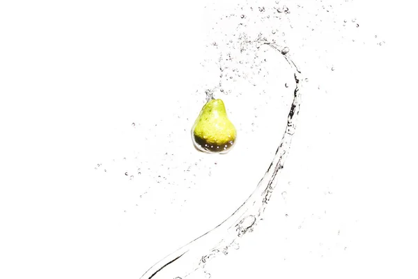 Fresh Ripe Pear Water Splashes Isolated White — Stock Photo, Image