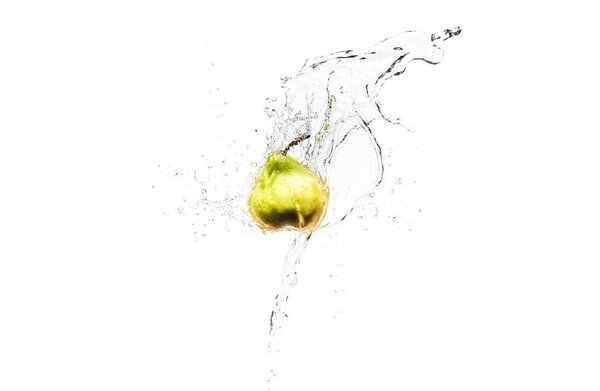 fresh ripe pear in water splashes isolated on white