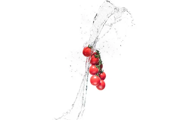 Fresh Cherry Tomatoes Water Splashes Isolated White — Stock Photo, Image