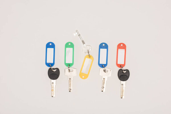 top view set of different keys with colorful labels isolated on white