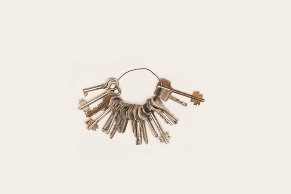 Top View Bunch Vintage Keys Isolated White — Stock Photo, Image
