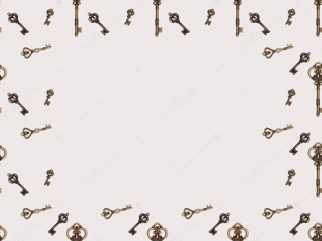 top view of different metal keys frame isolated on white