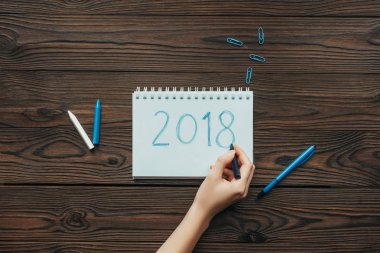 ahşap yüzeyde defter ile klipleri ve kalemler çevresinde 2018 yazma kadın görüntüsünü kırpılmış