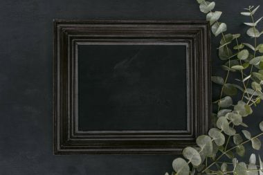 top view of vintage wooden frame with eucalyptus branches over black background clipart