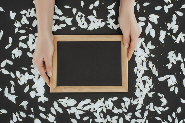 Top View Cropped Female Hands Holding Frame Petals Black Background — Stock Photo, Image