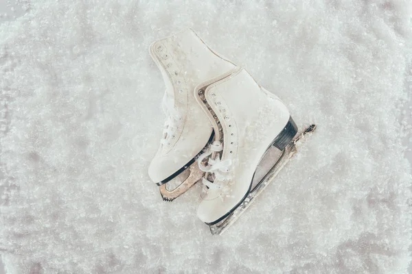 Top View White Skates Pair Snow — Stock Photo, Image