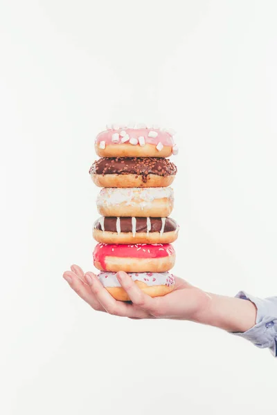 Abgeschnittene Aufnahme Einer Frau Mit Einem Stapel Leckerer Donuts Isoliert — Stockfoto