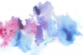 abstrakte Malerei mit leuchtend blauen und rosa Farbklecksen auf Weiß 