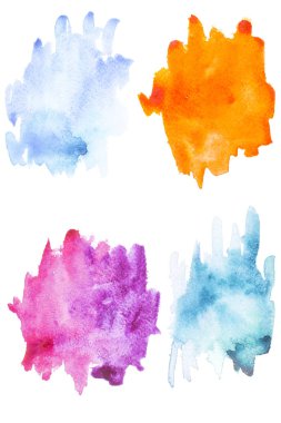 Abstract painting with blue, purple and orange paint blots and strokes on white  clipart