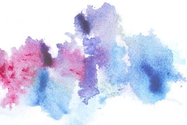 Abstract painting with bright blue and pink paint blots on white  clipart