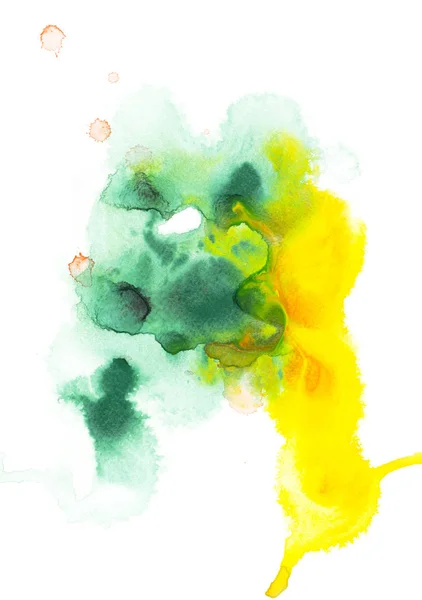 stock image Abstract painting with green and yellow watercolor paint blots on white 