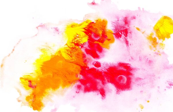 Abstract painting with bright colorful watercolor paint blots on white 