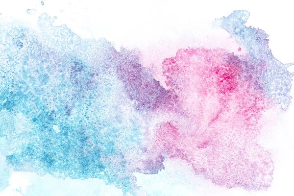 Abstract painting with pink and blue paint spots on white  