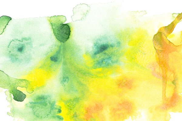 Abstract painting with yellow and green paint blots on white 