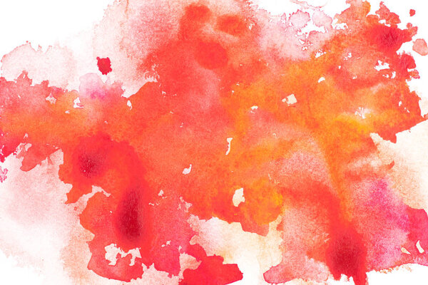 Abstract painting with red, orange and pink paint blots on white 
