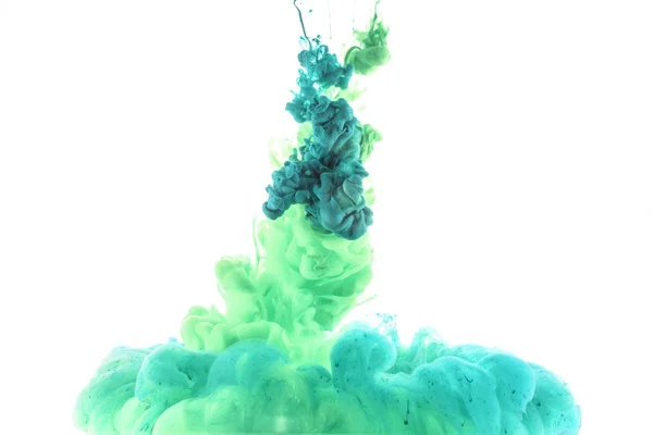 Vista Perto Salpicos Tinta Verde Azul Isolados Branco — Fotografia de Stock