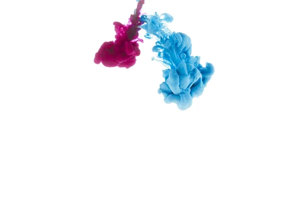 Mixing Blue Pink Paint Splashes Isolated White Copy Space — Stock Photo, Image