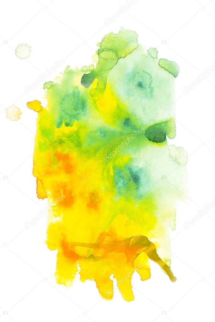 Abstract painting with green and yellow paint blots on white 