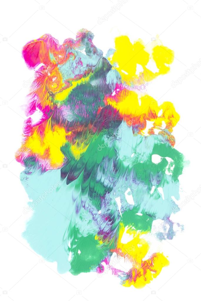 Abstract painting with colorful bright paint blots on white  