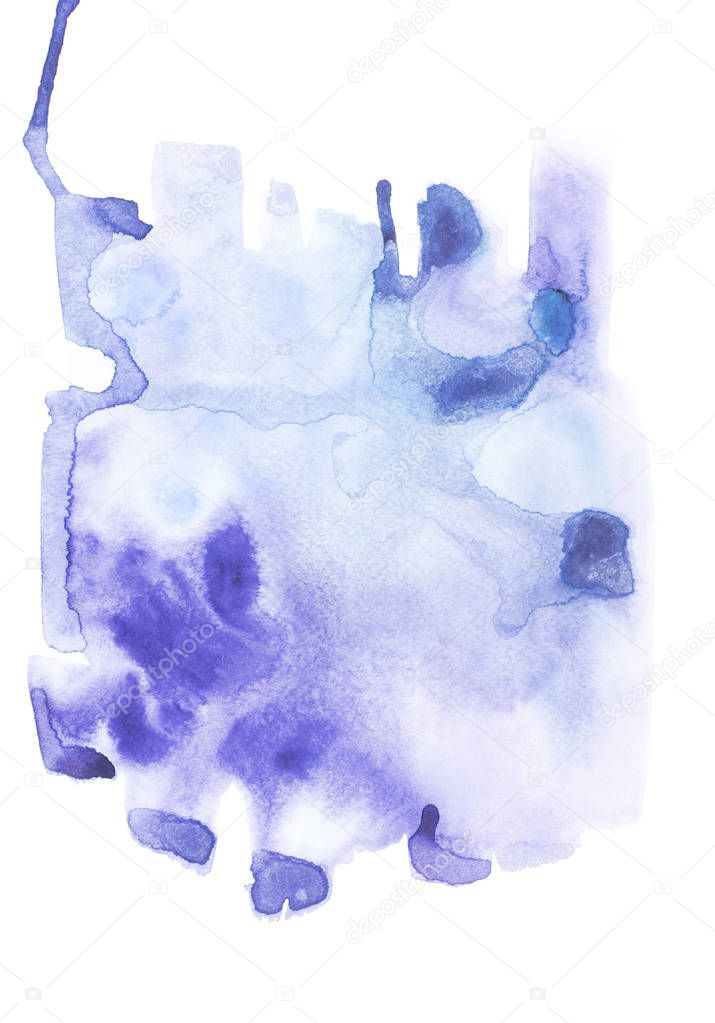 Abstract painting with blue watercolor paint blots and strokes on white 