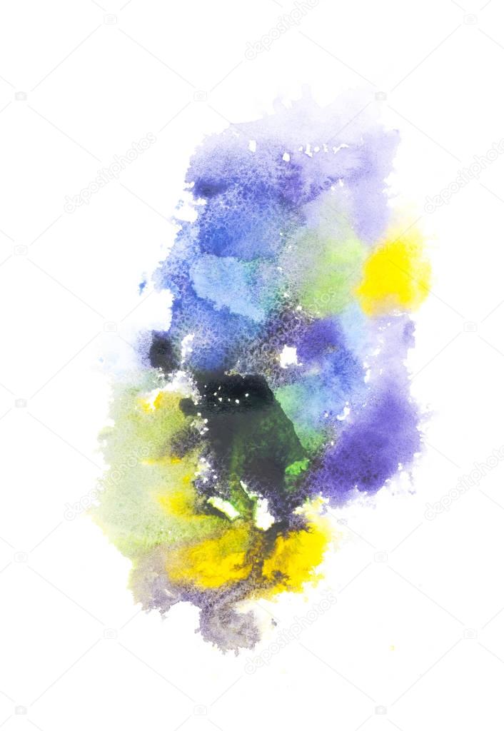 Abstract painting with blue, green and yellow paint spots on white 