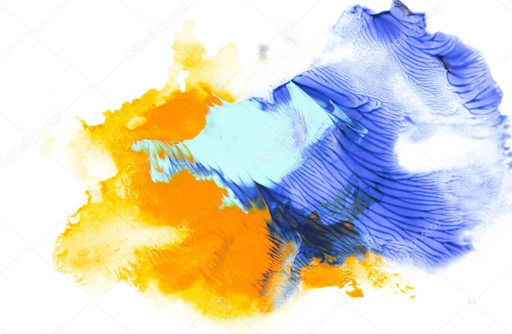 Abstract painting with blue and orange paint strokes on white 